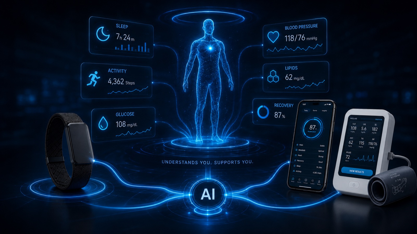 The person at the centre — signals converging into one AI that understands and supports you