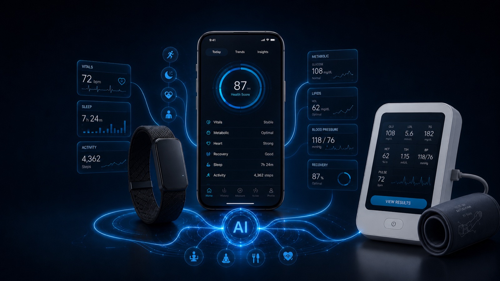 Control 40 ecosystem — wearable, app and home station connected by one AI